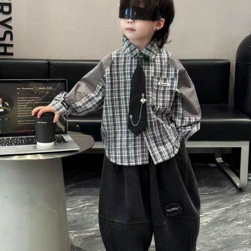 儿童套装洋气2025新款韩版男童学院拼接衬衫针织马甲裤子潮三件套|undefined