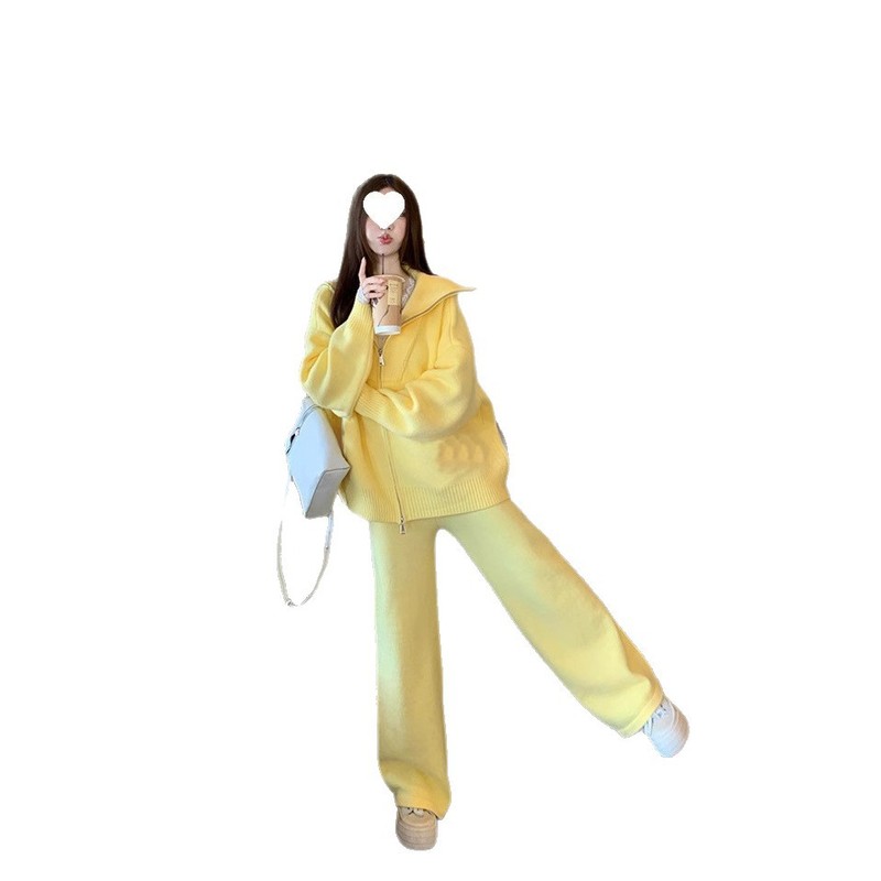 黄色宽松慵懒风时尚针织套装女秋冬新款韩版洋气休闲阔腿裤两件套|undefined