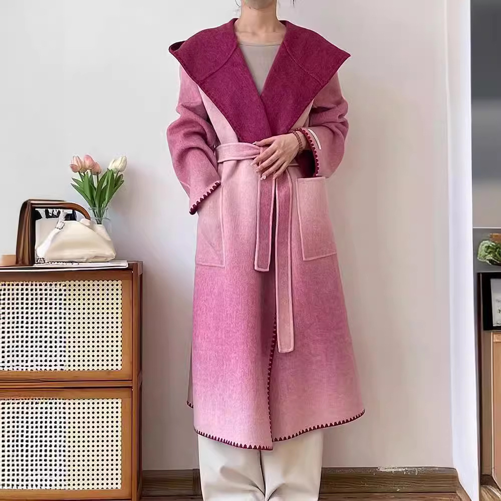 2025 New Double-Sided Wool Gradient Color High-End Mulberry Silk Cashmere Outwear Hooded Women's Outwear