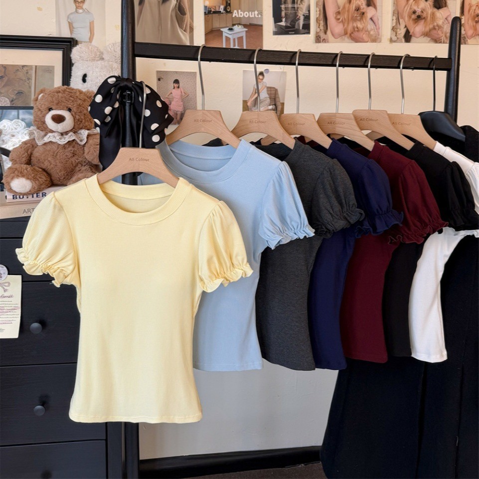 5112 # Niche Sweet Round Neck Right Shoulder Puff Sleeve T-Shirt Summer Slim Fit Short-Sleeved Top with Chest Pad