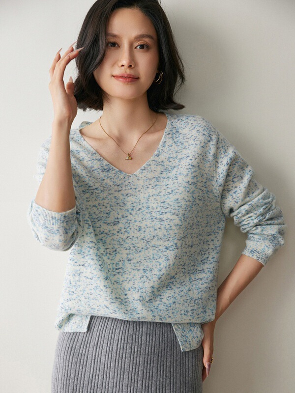 新款轻奢花纱山羊绒针织衫女韩版V领百搭羊毛衫加厚宽松针织毛衣|undefined