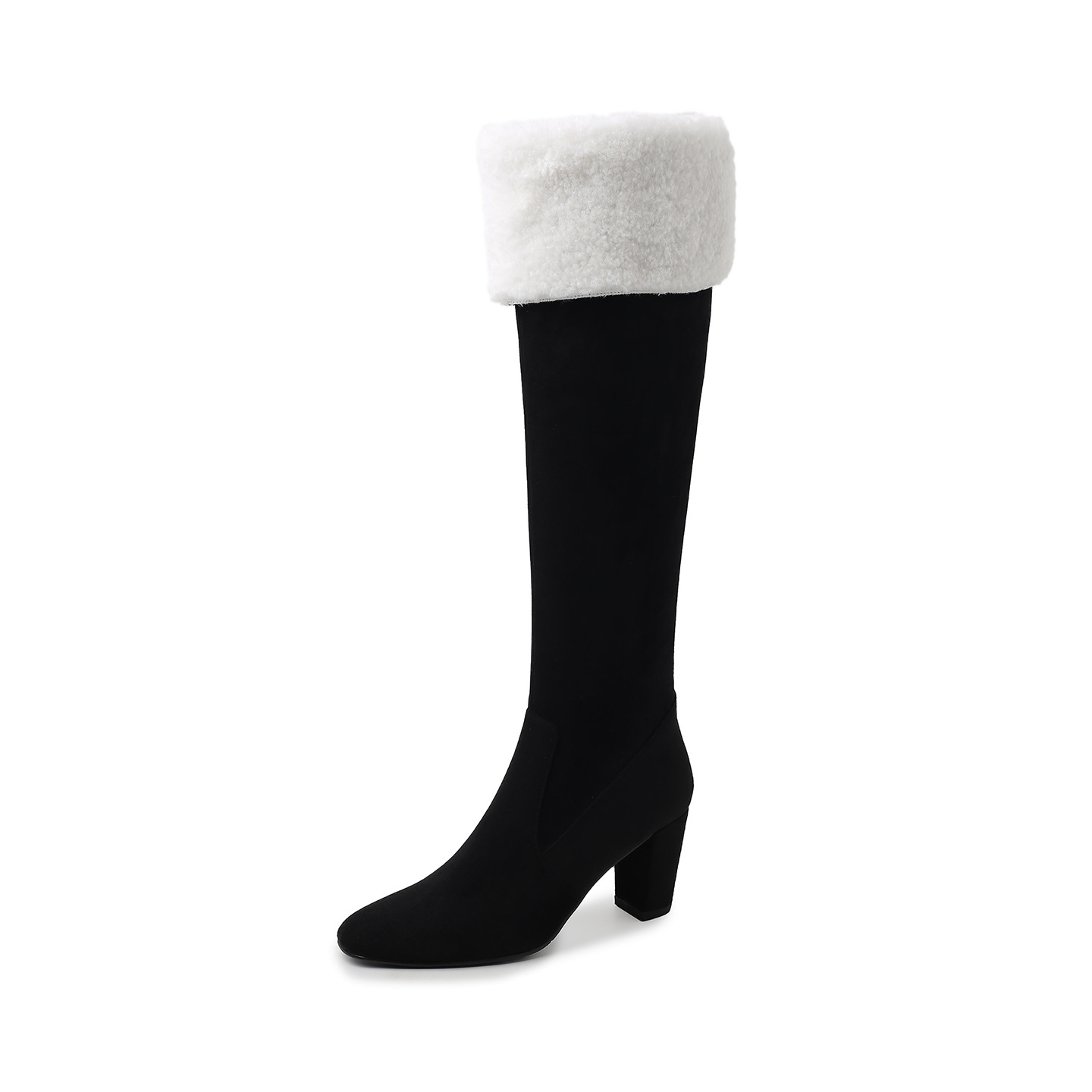 Boot nữ cổ cao ôm bắp chân lông cừu ấm, gót thô 5 cm, phong cách cưỡi ngựa — màu đen