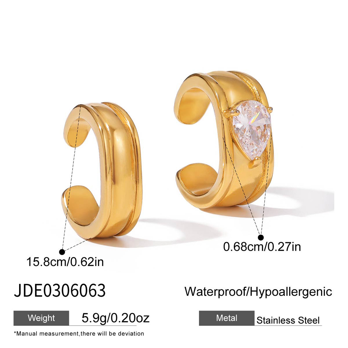 Wanxing Europa y los Estados Unidos gotas de agua Zircon orejas de orejas mujeres sin agujeros de orejas de acero inoxidable 18K diseño de nicho de joyas transfronterizas