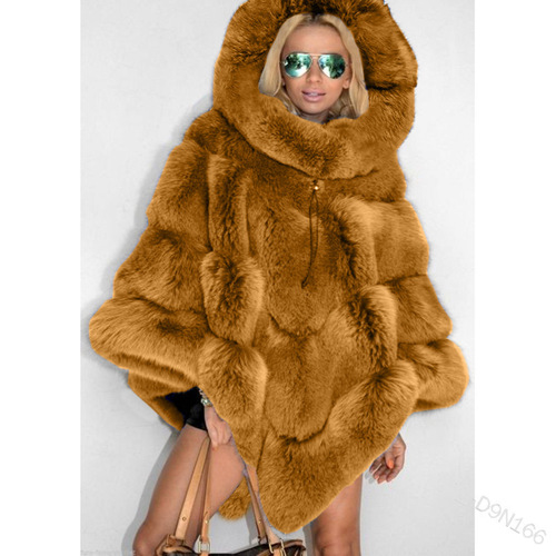 Cross-border supply 2023wish European and American solid color hooded imitation fur stitching loose jacket temperament commuting cloak for women