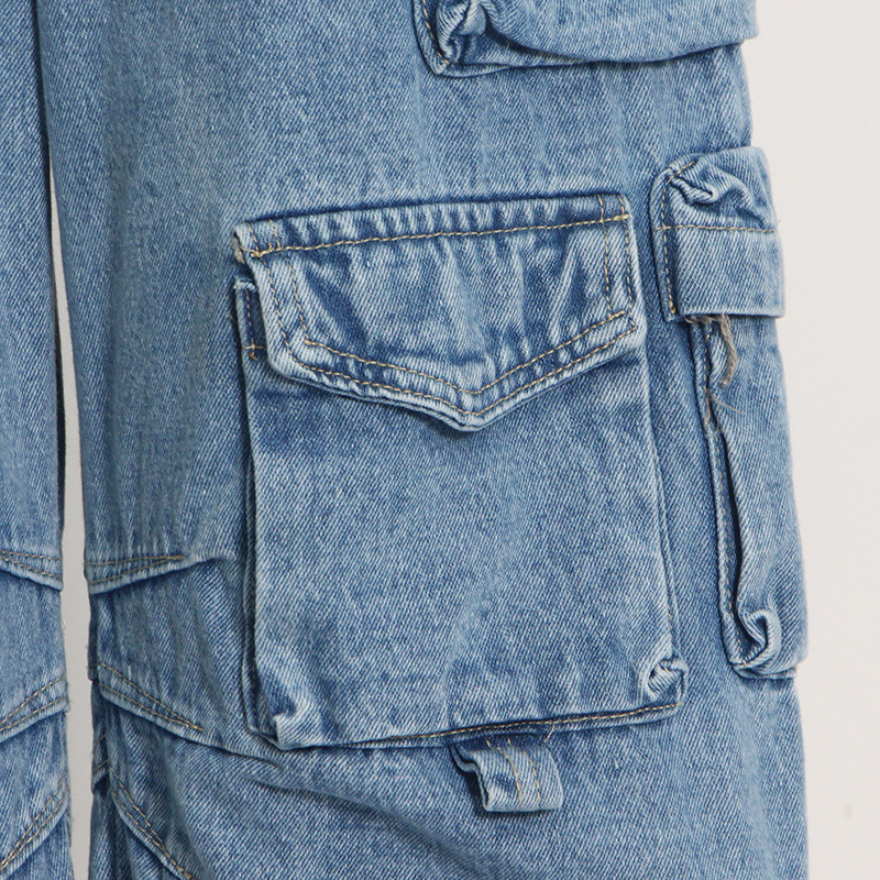 Damenbekleidung Frühling und Herbst Neue Mode Rauchgrau Spleißen Multi Pocket Overalls Street Washed Distressed Lange Hose mit weitem Bein_voghion.com