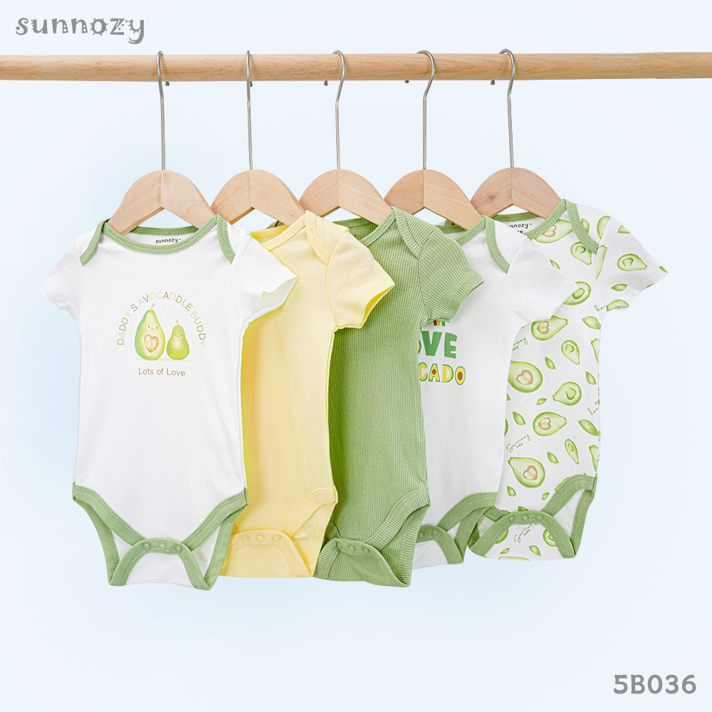 Conjunto de cinco piezas de algodón puro para bebé, mono de verano de manga corta Clase A, embalaje en inglés Sunnozy.