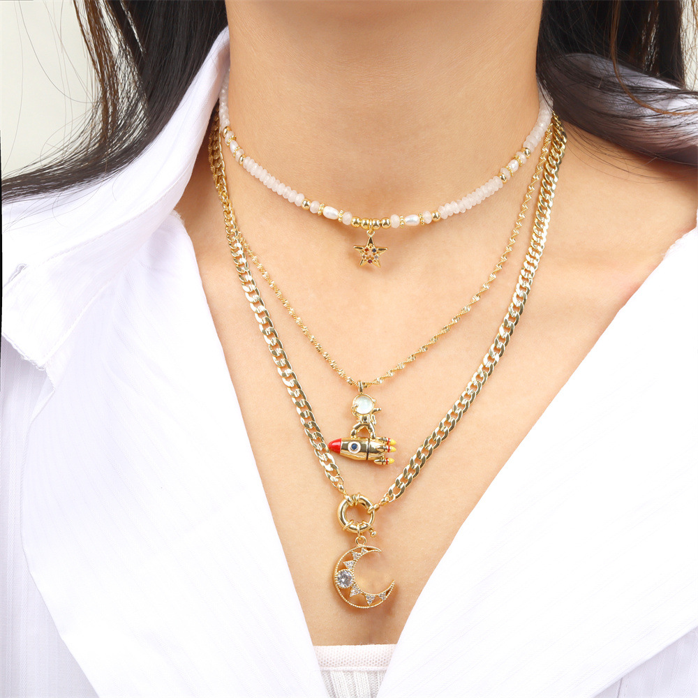 hip-hop astronaut star and moon diamond multi-layered copper gold-plated Cuban chain necklace