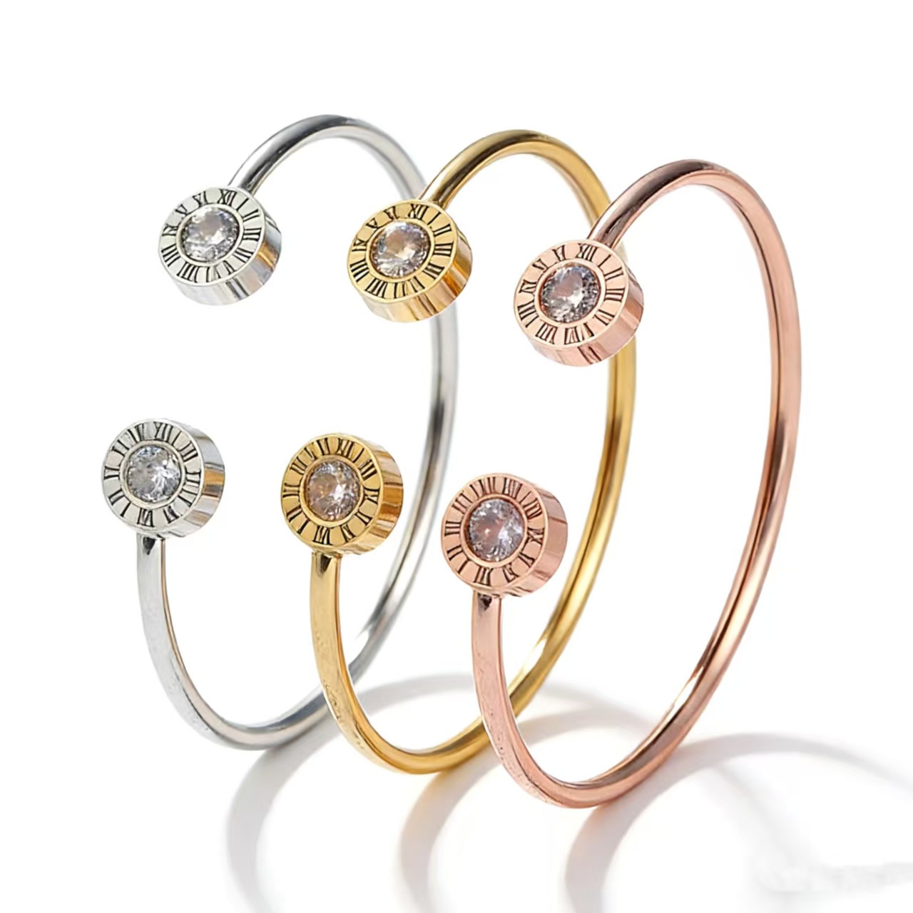 简约带钻钢丝钛钢手镯女 保色镶钻时尚饰品防过敏百搭网红潮手环