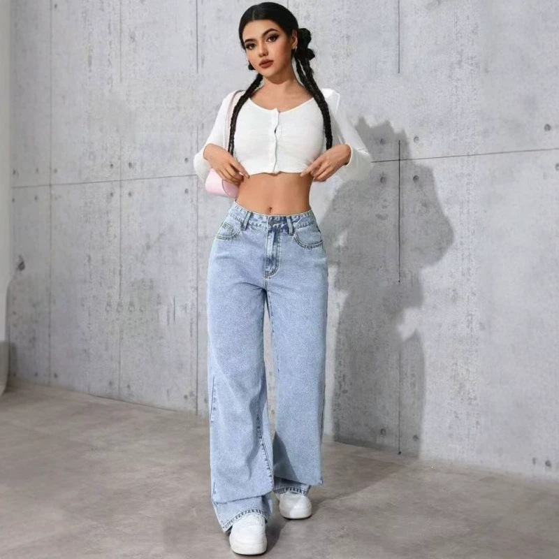 Amazon cross-border foreign trade American retro drapey jeans for women, spring wide-leg loose straight floor-length pants Amazon cross-border foreign trade American retro drapey jeans for women, spring wide-leg loose straight floor-length pants
