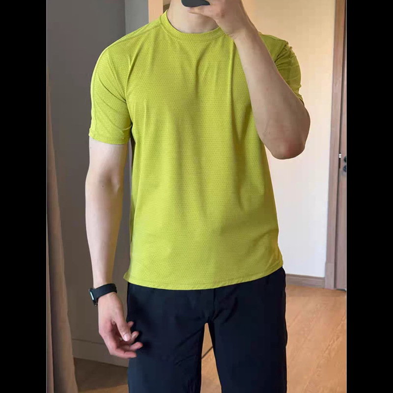 Mustard Yellow Laser Perforated Quick-Drying Short-Sleeved Men's Summer Thin Mesh Ice Silk T-Shirt Outdoor Sports Running Half-Sleeve