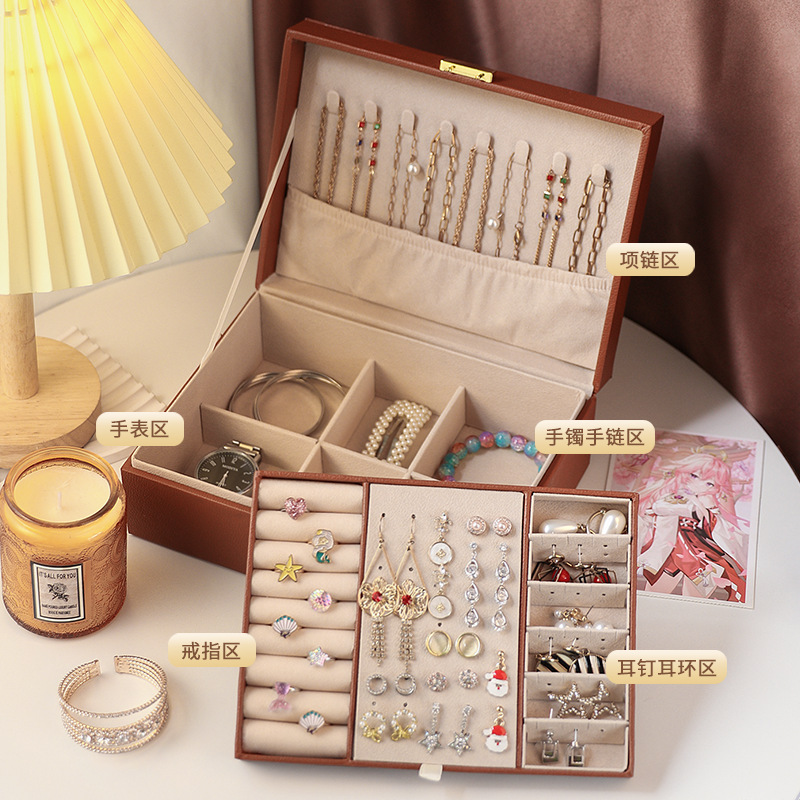Caja de joyería de lujo ligera de té, pernos multicapa de gran capacidad con cerradura, caja de joyería, joyería de auriculares, almacenamiento de joyería tipo cajón image 3