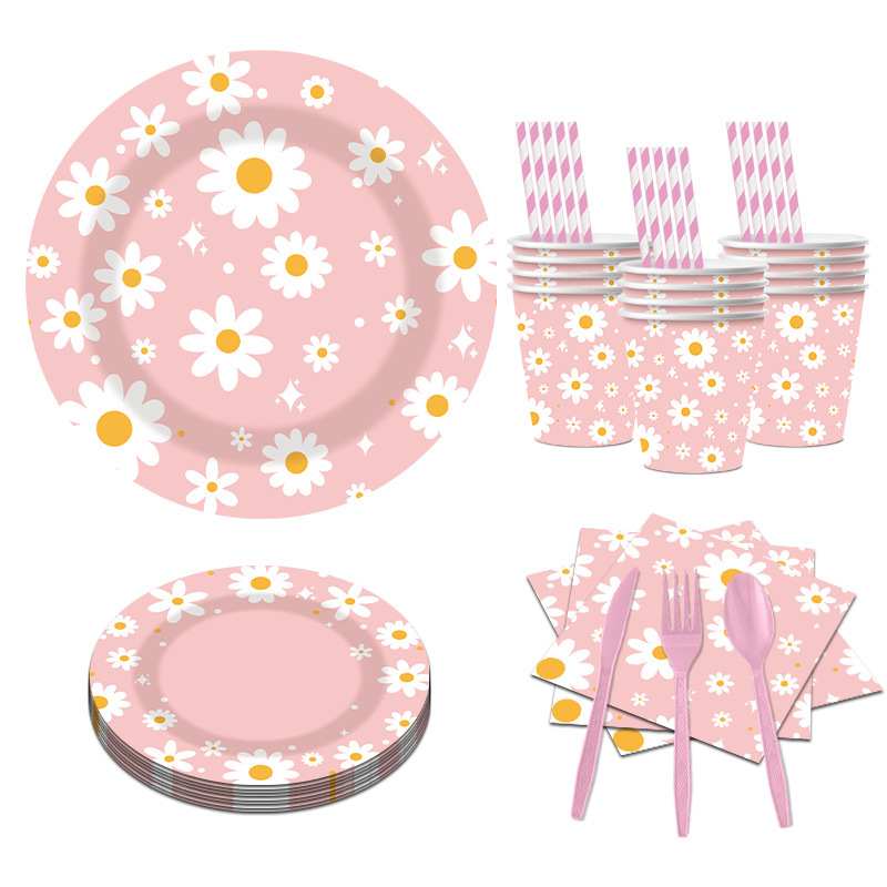 New Pink Daisy Theme Party Disposable Paper Cups, Paper Plates, Paper Towels, Straws, Friends and Classmates Party Decorations New Pink Daisy Theme Party Disposable Paper Cups, Paper Plates, Paper Towels, Straws, Friends and Classmates Party Decorations