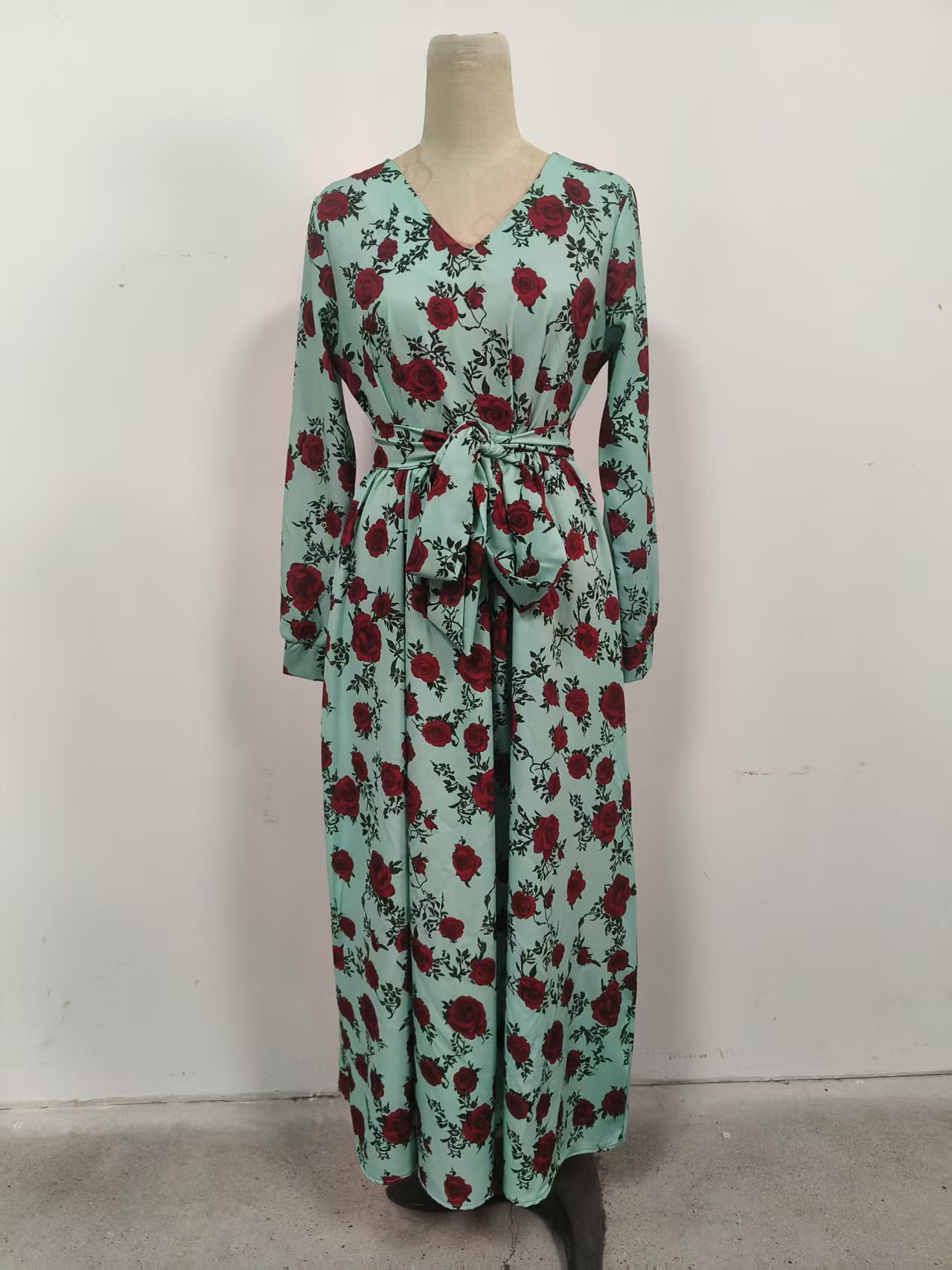 Women's Retro Elegant Slimming Printed Dress V Neck Long Sleeve Charming Fashionable_ecoleips.com