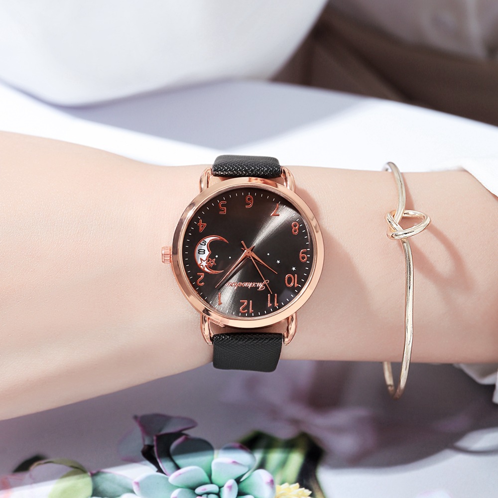 Orologio da studente in oro rosa con cinturino minimalista da donna con motivo stella lunare, nuovo prodotto caldo e alla moda 2024_voghion.com