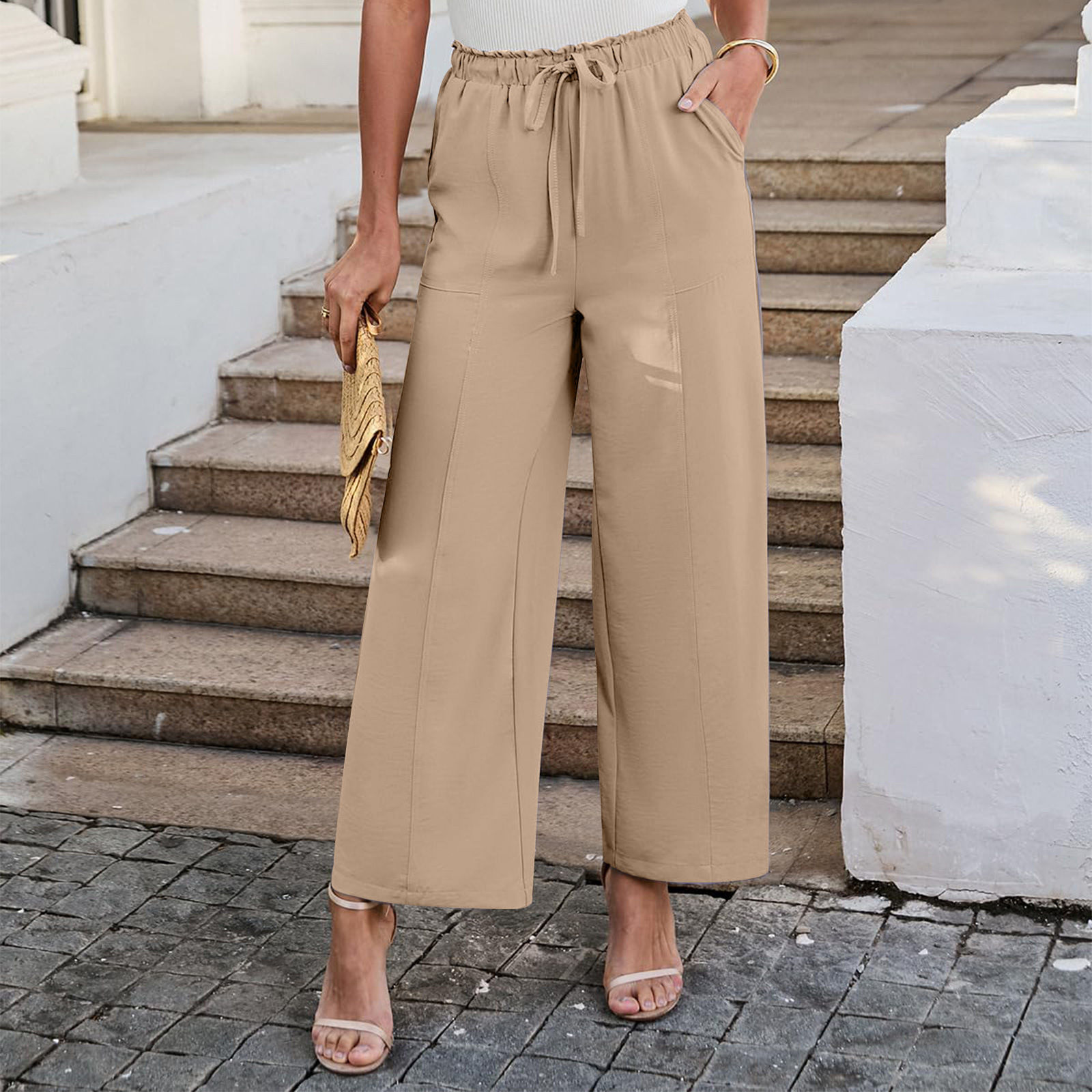 European and American Cross-Border Amazon Hot-Selling Women's Summer Wide-Leg Pants Casual Beach Pants High-Waisted Drawstring Trousers with Pockets