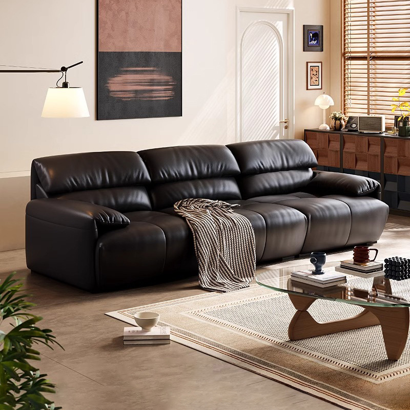 Sofá de cuero de estilo retro, sofá de oreja de elefante de piel de vaca minimalista italiano, sofá de fila recta de sala de estar, negro