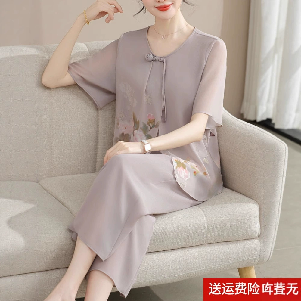 Летний костюм для мамы: шифоновая блузка 2025, новый стиль для женщин среднего и старшего возраста, летний топ с коротким рукавом на День матери