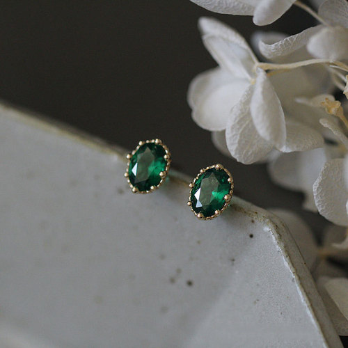 S925 sterling silver plated 14K gold emerald zircon stud earrings oval shape light luxury retro temperament earrings for women