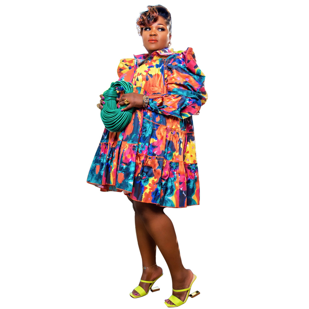 ChicShe N7760 Independent Station European And American Plus Size Women's Fashion Printed Ruffle Button Shirt Dress_voghion.com