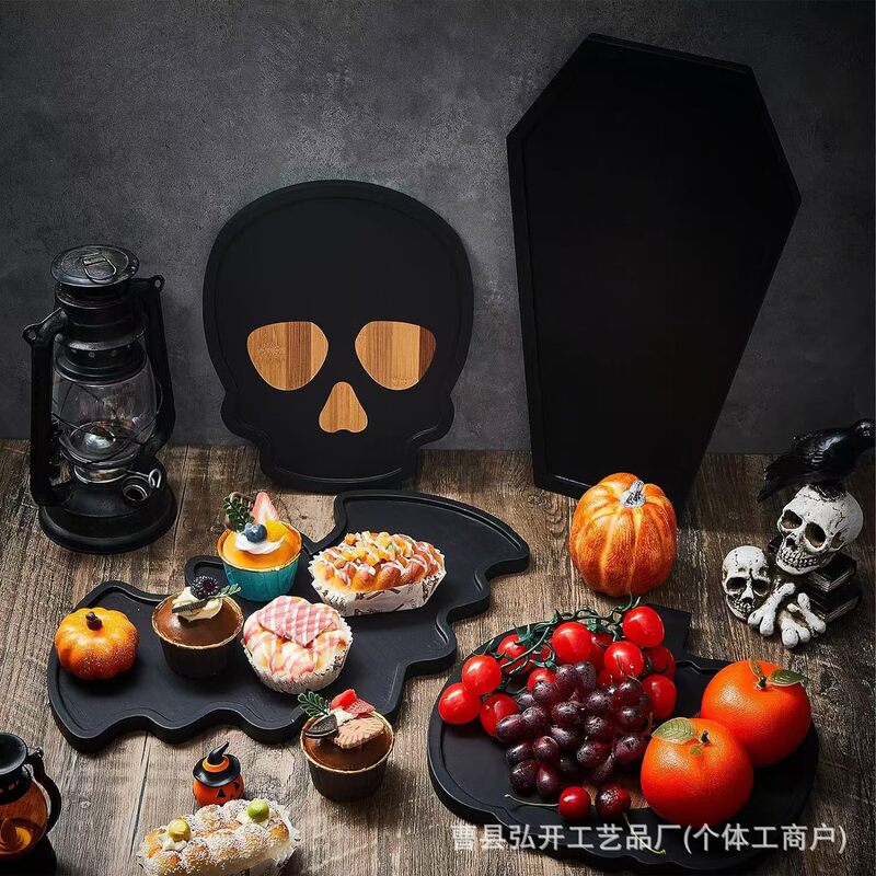 Cross-Border Wooden Halloween Plate Black Ghost Bat Decorative Tray Gothic Coffin Wooden Tray