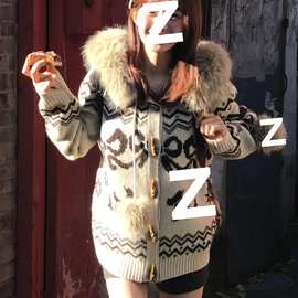 费尔岛连帽毛衣女秋冬穿搭牛角扣毛领外套针织开衫宽松慵懒风上衣