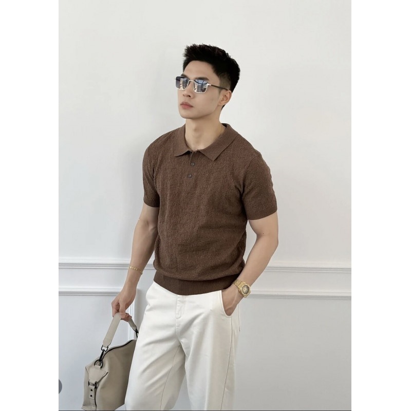 Maillard brown cotton-linen textured knit polo shirt for men, summer mature and stable slim waist, straight shoulders short-sleeved t-shirt
