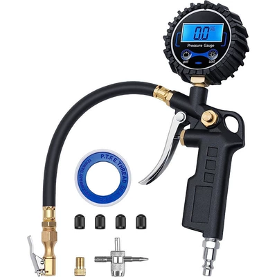 pressure gauge – Air pressure gauge/tire pressure gauge - american-style-quick-connect-digital-tire-pressure-gun-with-ratchet-clamp-with-accessories-french-american-adapter