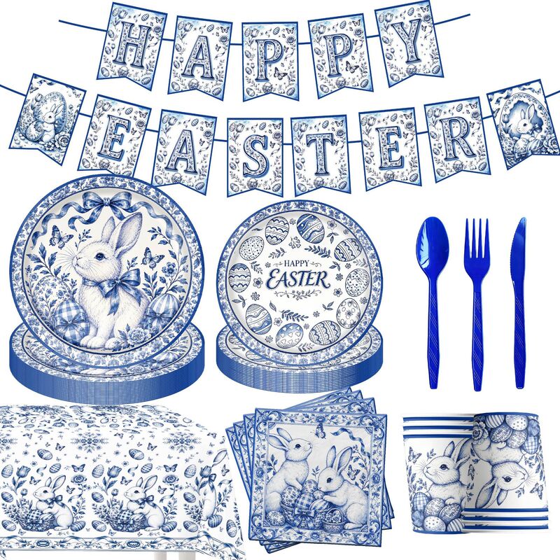 Blue and white porcelain Easter bunny themed holiday party decorations, flower baskets, disposable tableware, tablecloths, paper plates, and cups Blue and white porcelain Easter bunny themed holiday party decorations, flower baskets, disposable tableware, tablecloths, paper plates, and cups