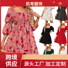 アマゾンの新型国境を越えた女性のワンピースの方襟の泡の袖のタックは肩の子供の服のミニのワンピースを現します。
