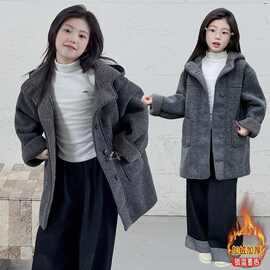 女童冬季加绒加厚外套2025新款韩版中长款中大童儿童连帽毛呢大衣