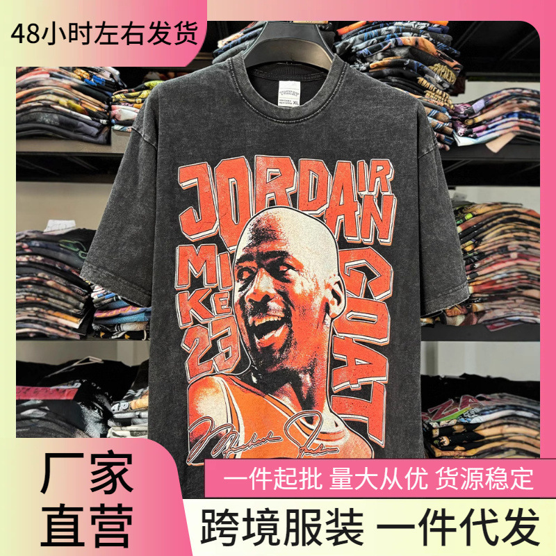 Cross-Border Retro Jordan Mj Airman Printed Short-Sleeved T-Shirt American High Street Washed Heavy Neckline t