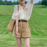 2024 New Early Spring French short-sleeved shirt high-grade chiffon top shirt women's summer two-piece suit