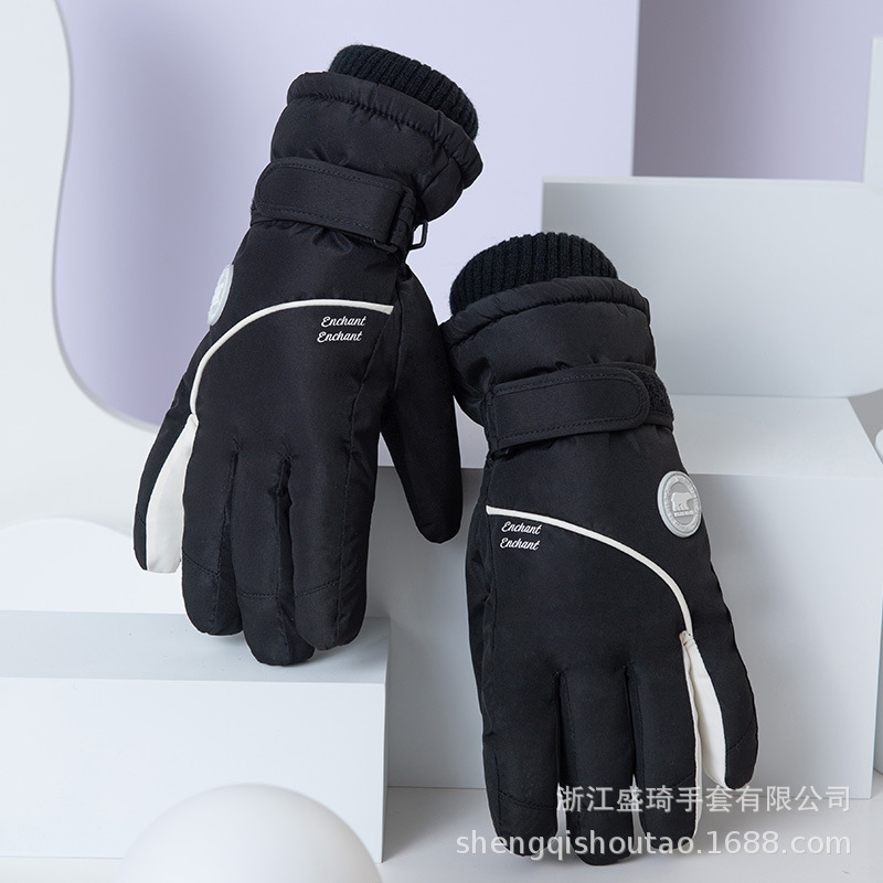 触屏冬季女士五指滑雪手套加绒加厚防寒保暖户外骑车防风防滑简约|undefined