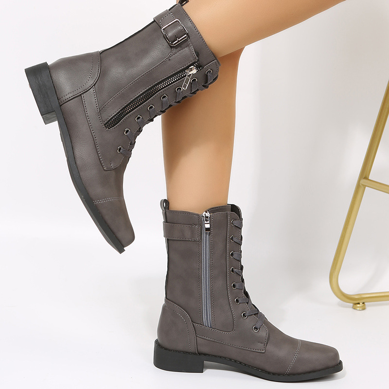 Booties with side zippers chunky heels plus size women's boots_voghion.com