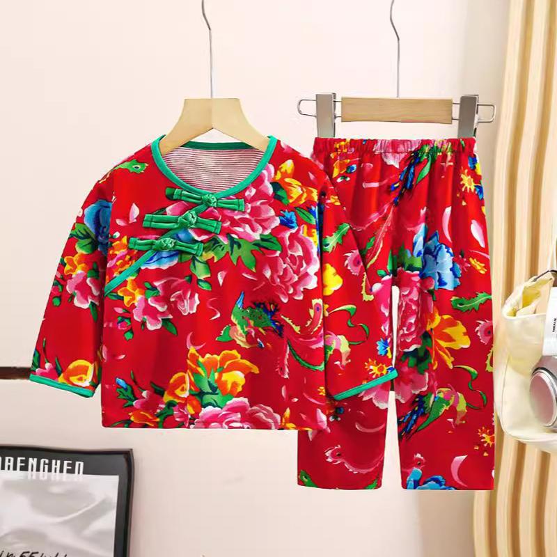 Spring and Autumn Children's Home Wear Baby Autumn and Winter Pajamas De Rong Underwear Set New Chinese Style for Young Children Northeast Large Floral