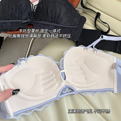 Original strapless bra sweet lace small chest gathering half cup girl bra set latex AA cup bra 