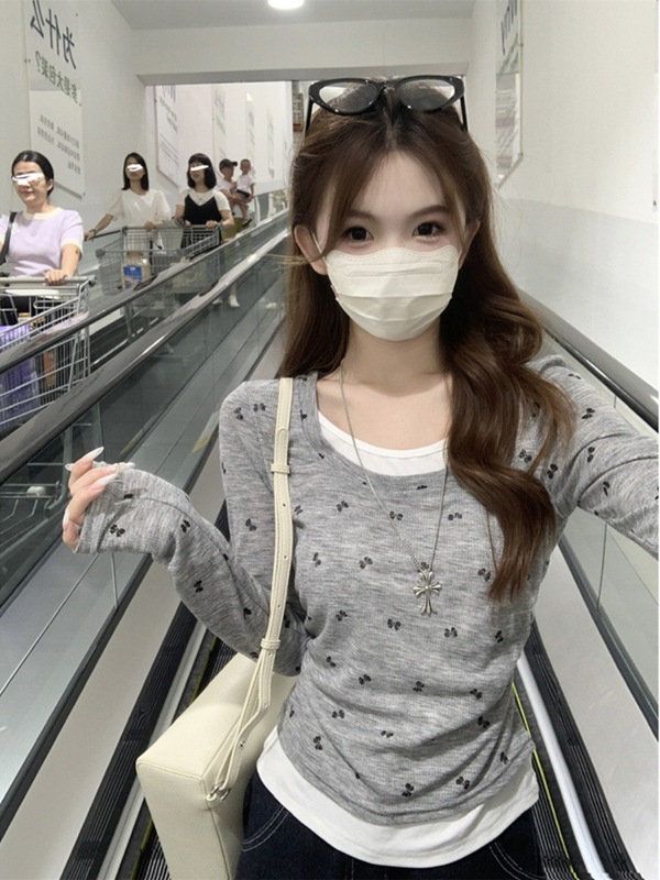 韩系假两件印花长袖T恤衫女2025秋季新款设计感收腰显瘦百搭上衣|undefined