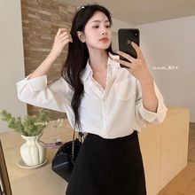 韩系拼接蕾丝边V领长袖衬衫秋季新款宽松中长款小众别致开衫上衣