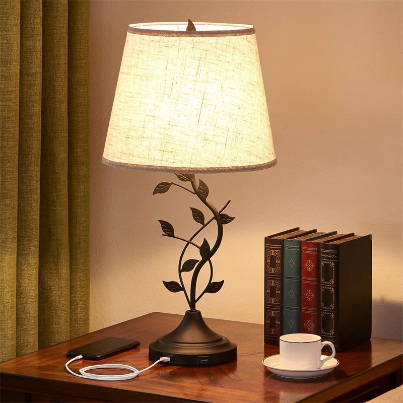 Table lamp bedroom bedside lamp double USB charging leaf decoration Amazon explosion living room study LED retro table lamp