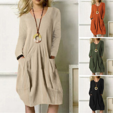2022新款欧美亚马逊独立站ebay棉麻宽松休闲长裙纯色口袋连衣裙女