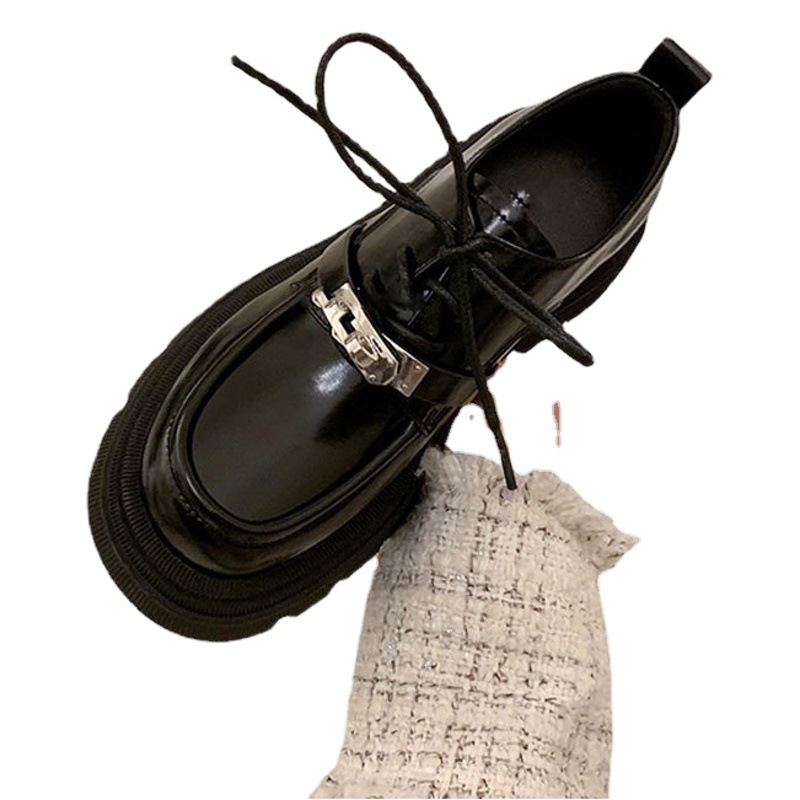 Mocasines de cuero genuino de las mujeres de primavera y otoño nuevos zapatos de plataforma con cordones de estilo británico zapatos de cuero negro 827