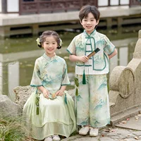 Детский костюм Hanfu Guoxian Новый китайский стиль летнее платье новый мужской и женский костюм Tang Guochao с короткими рукавами платье