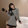 Round neck thousand bird check color matching long sleeve dress with buttock skirt and knitted skirt