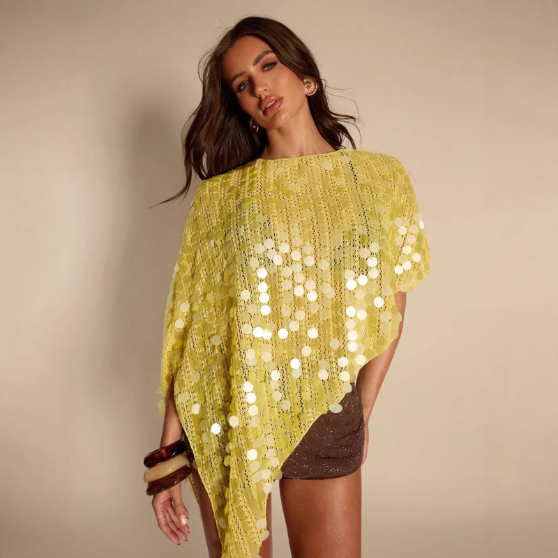 New Cross-Border European and American Foreign Trade Style Sequined Hollow-Out Knit Cardigan Loose Cape with Irregular Hem Top New Cross-Border European and American Foreign Trade Style Sequined Hollow-Out Knit Cardigan Loose Cape with Irregular Hem Top