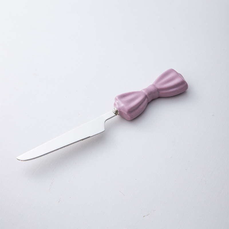 Ins Style Large Bowknot Creative Ceramic Handle 304 Stainless Steel Knife High Appearance Fork Dessert Spoon_voghion.com