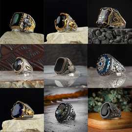 欧美跨境热卖饰品蛇形缠绕黑色平面宝石戒指男士复古花纹开口指环