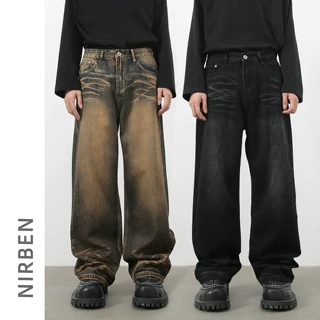 nirben牛仔| 美式高街抓纹设计直筒牛仔裤男潮牌复古做旧宽松长裤