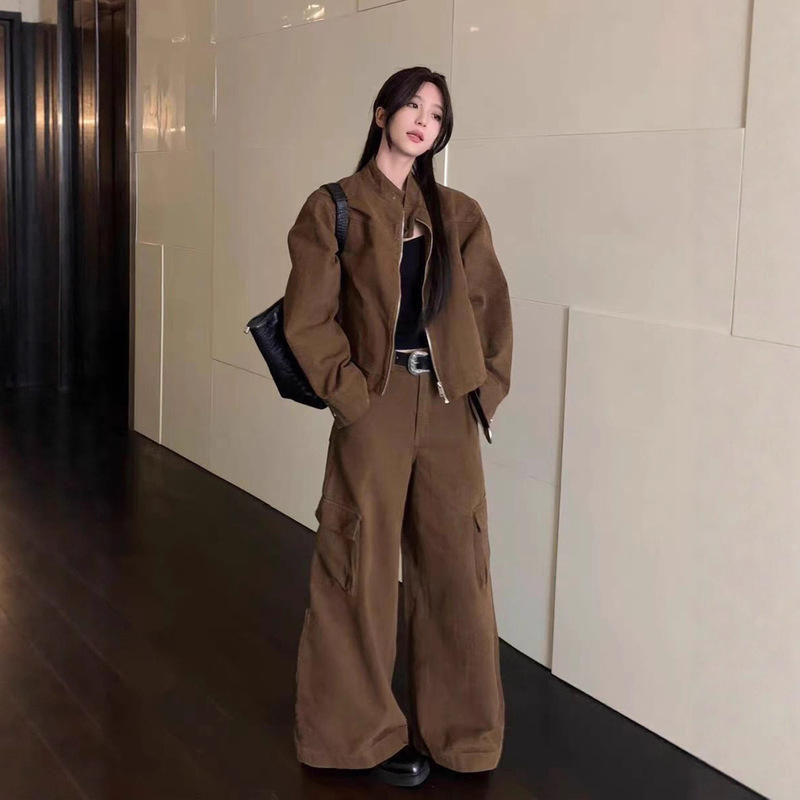 Maillard Wears Sports Suit for Women 2025 Autum Retro Loose Jacket Jacket Fashion Cargo Pants Two-Piece Set