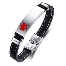 欧美跨境电商货源刻字 12MM不锈钢医学标志弯牌超纤皮手镯 BL-416