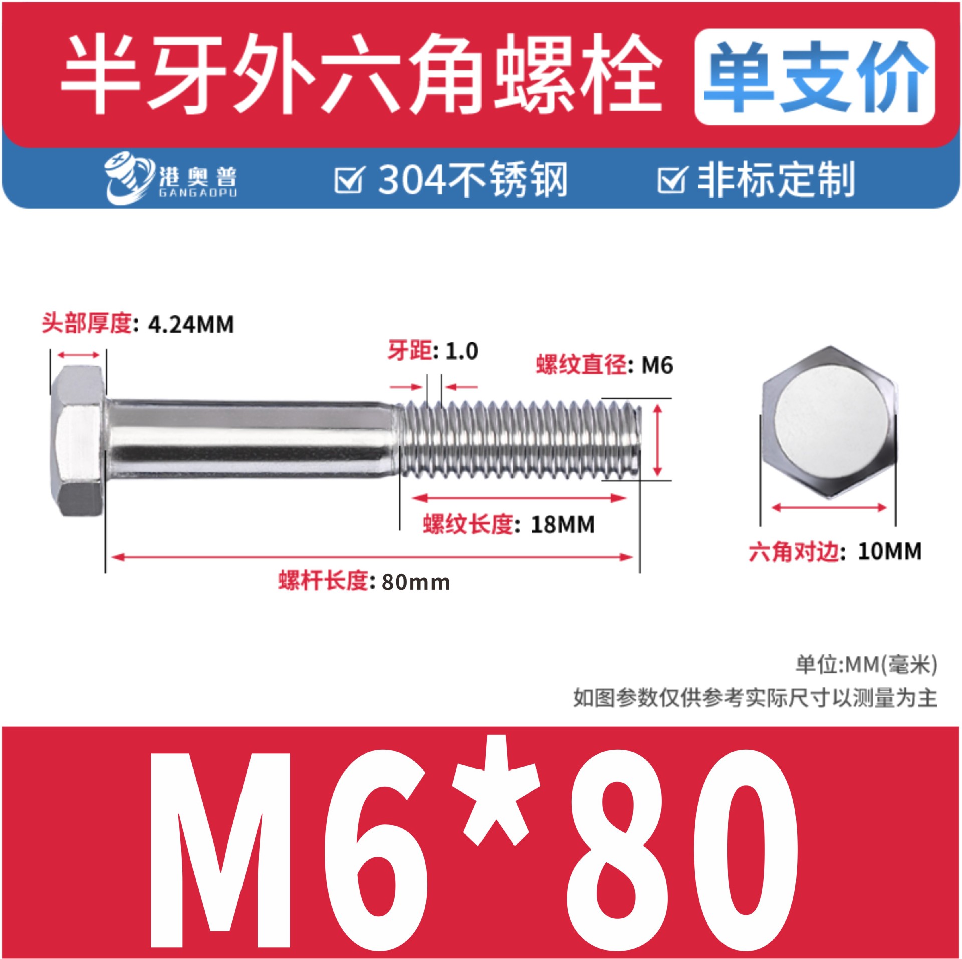 Tornillos hexagonales de media rosca, acero inoxidable 304
